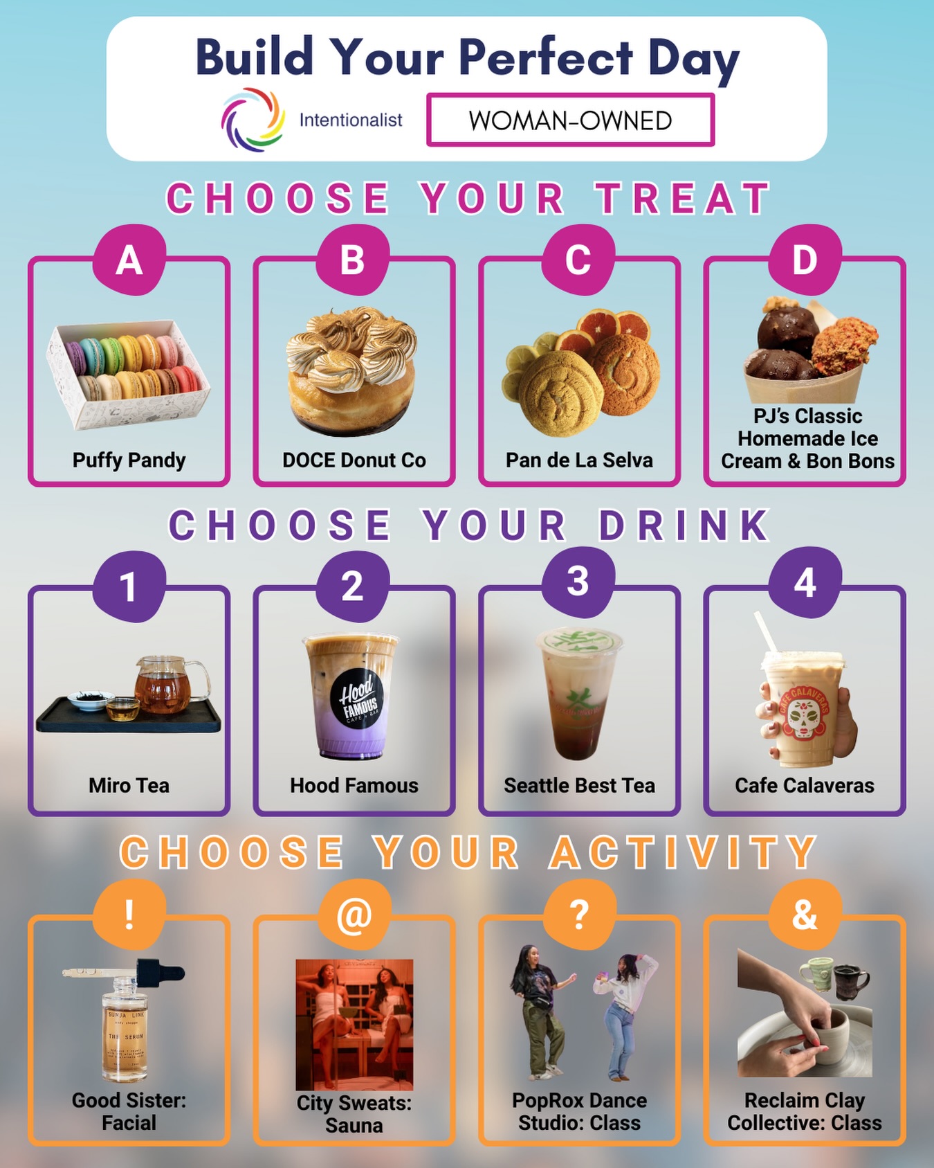 Build your perfect Seattle day by choosing your treat, drink, and activity ✨ Let us know your ideal combo in the comments 👇
#spendlikeitmatters #beintentional #womenshistorymonth #womanowned #seattlesmallbusiness