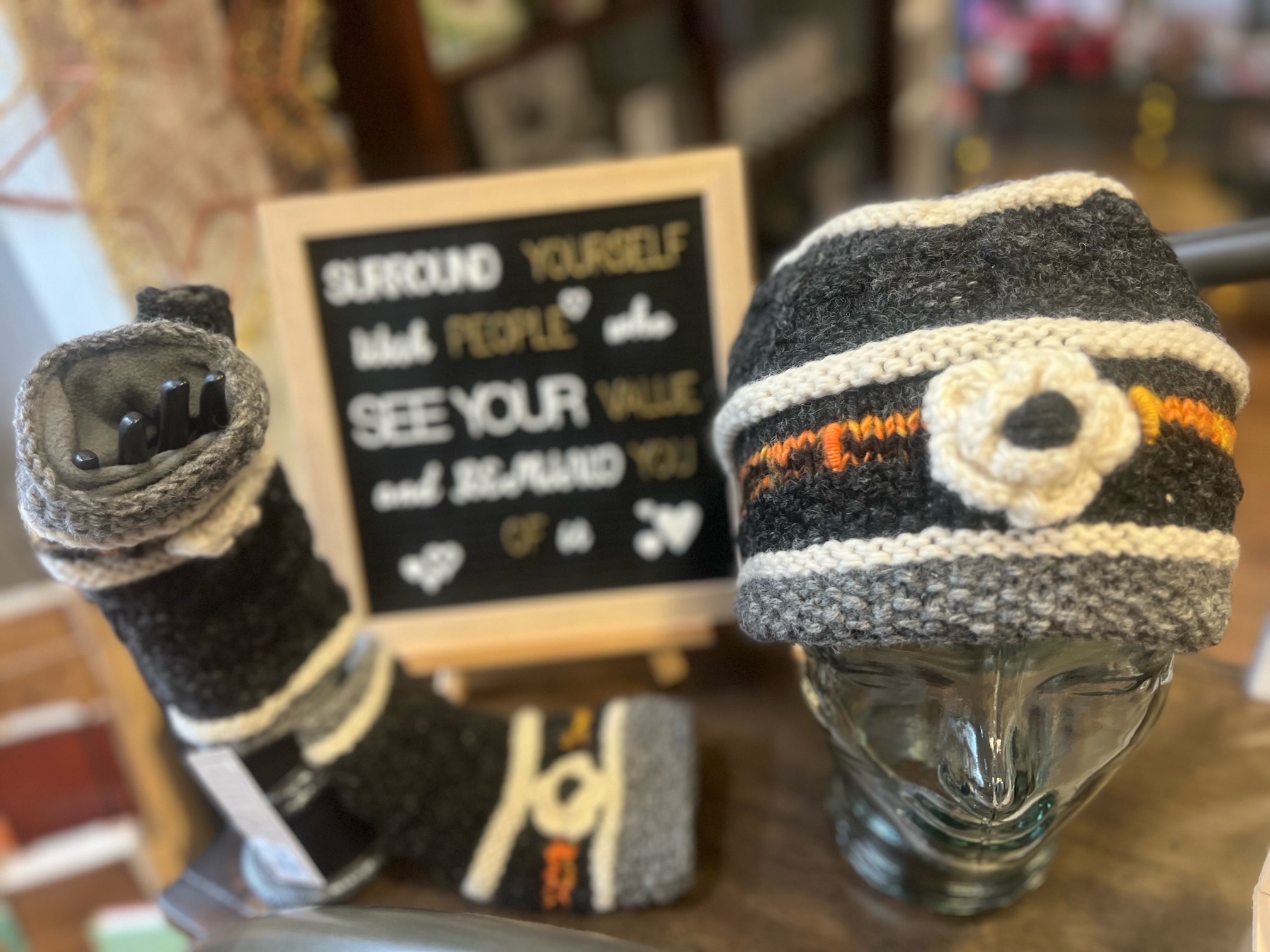 knit beanie with matching long gloves