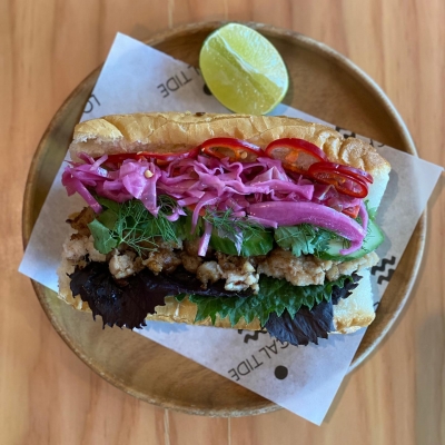 Aerial view of the Rockfish banh mi sandwich