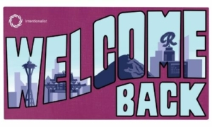 Welcome Back in light blue text with Seattle landscape on a maroon background