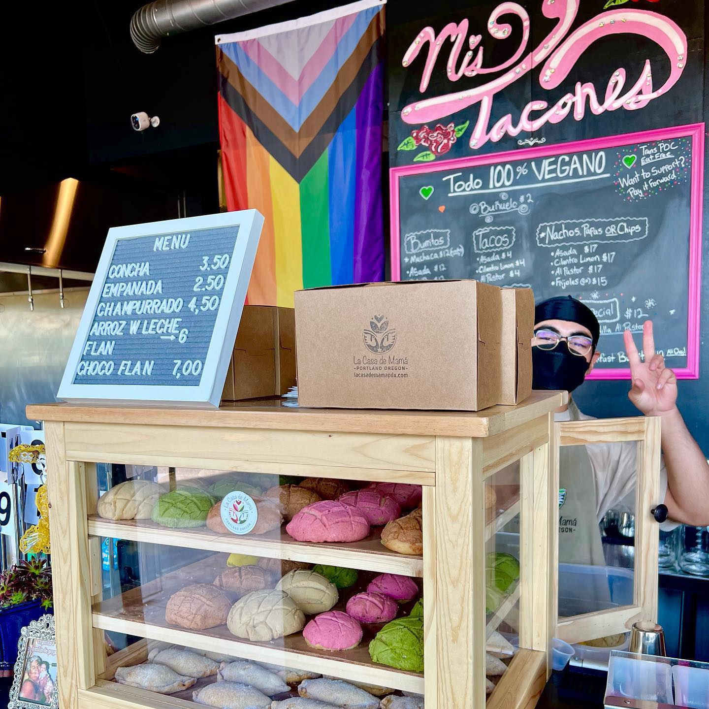 Mis Tacones menu and pastries for purchase