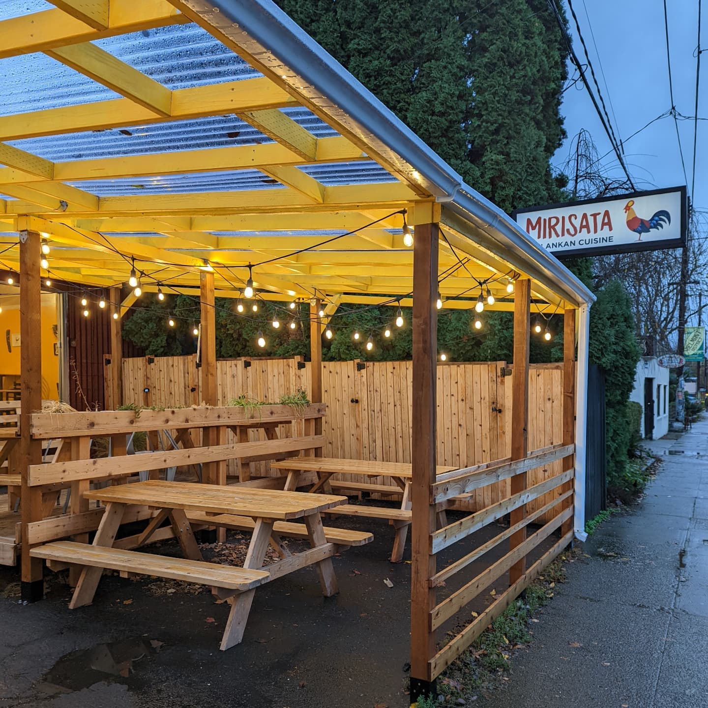 Mirisata patio seating at night