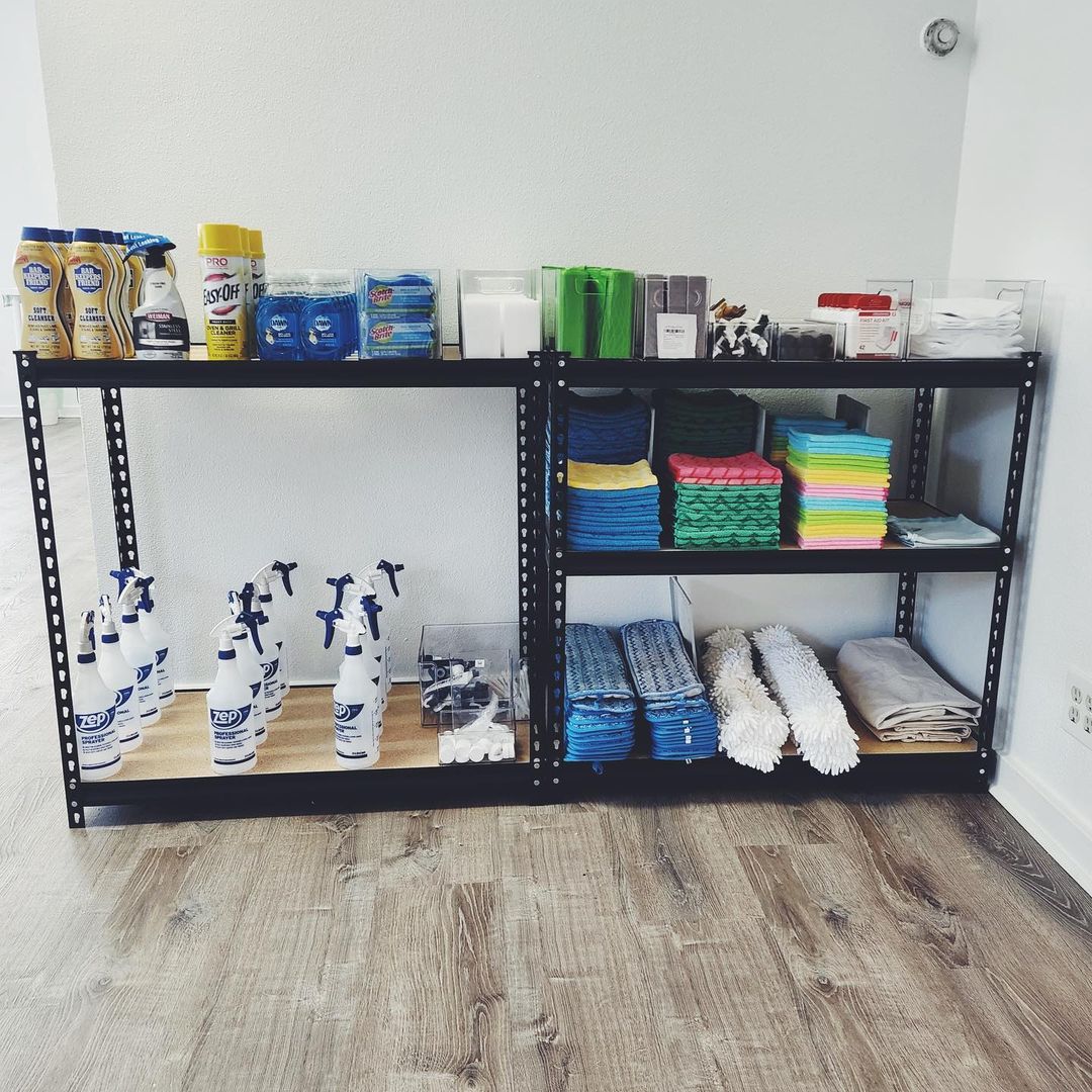 Cleaning supplies on shelf