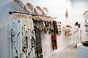 Clothing and artwork on display