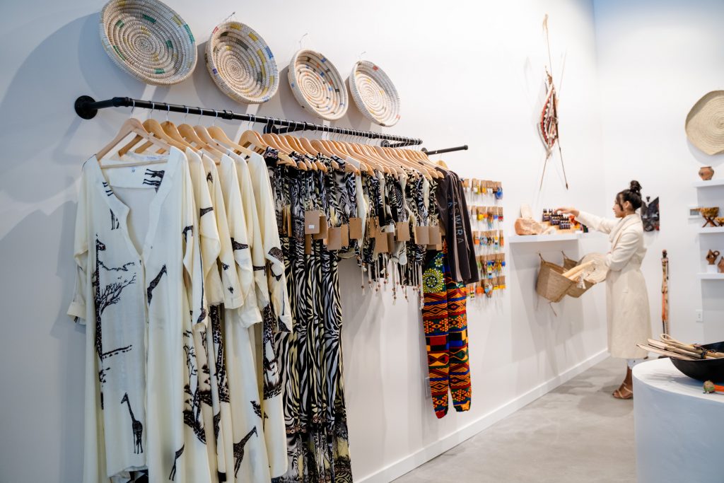 Clothing and artwork on display