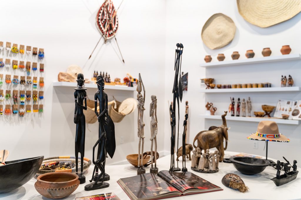Clothing and artwork on display