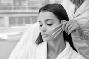 Side view close-up photo of young brunette female came to cosmetologist to get PDO thread, Thread Lifting procedure. Aesthetic beauty anti aging, face lifting surgery. Choosing the best thread