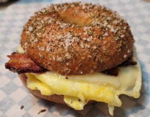 Bacon, Egg and Cheese, on a Rosemary Sea Salt Bagel