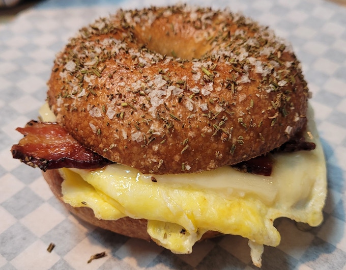 Bacon, Egg and Cheese, on a Rosemary Sea Salt Bagel