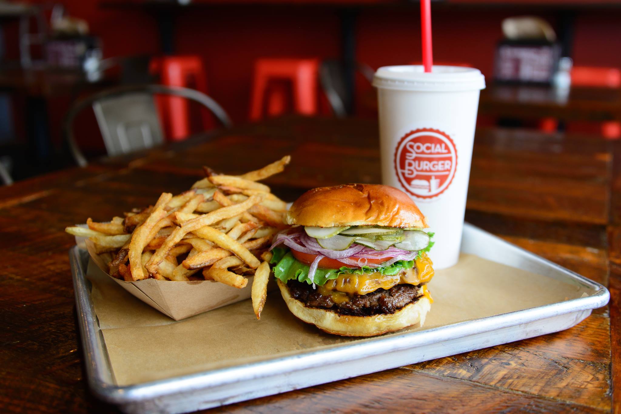 Social Burer burger fries and a drink